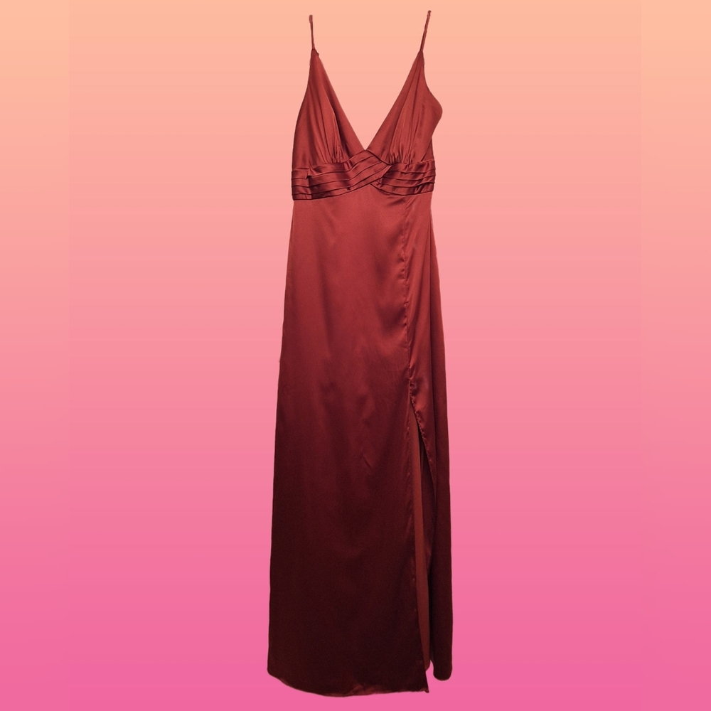 David's Bridal Cinnamon Satin Maxi Bridesmaid Dress